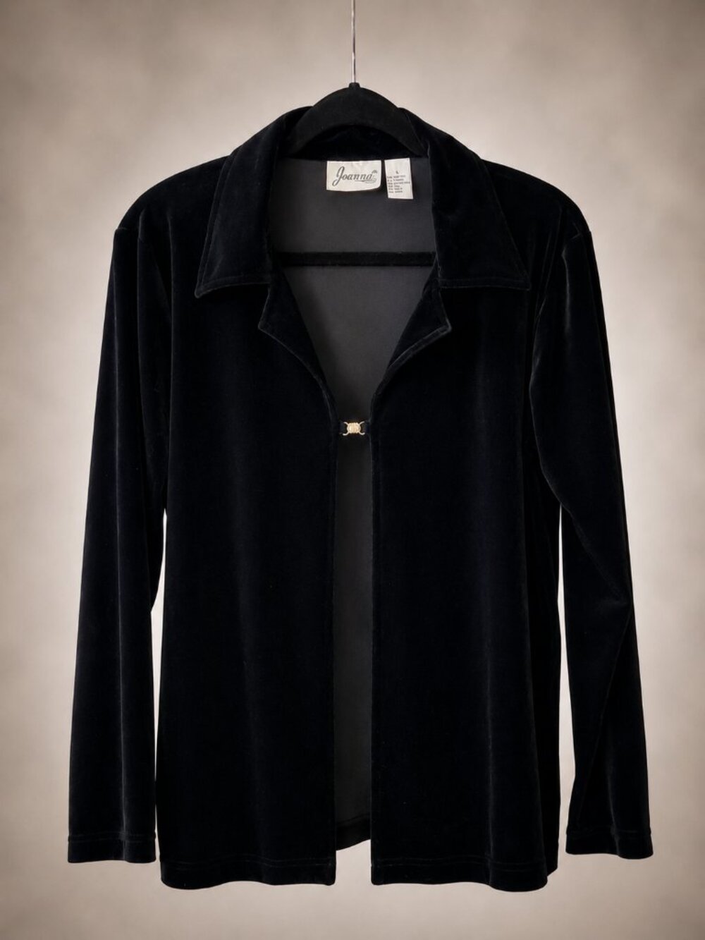 Vintage Joanna Black Velvet Open Front Blazer Cardigan with Bling Clasp Closure
